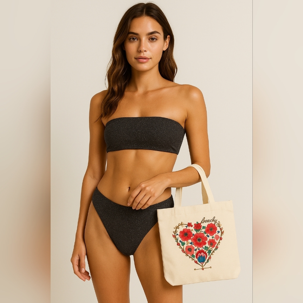 Revolve My Beachy Side Black 2 Piece Swimsuit Bikini & Tote Size 3 Medium NWT
